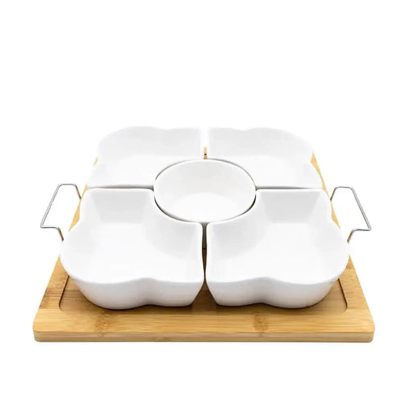 Utile 6 pc Flower White Ceramic serving dish with wood base Utile