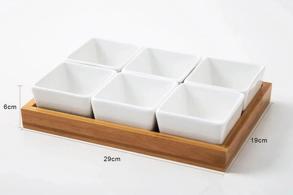 Utile 6pc Square Ceramic Bowls and wood base Utile